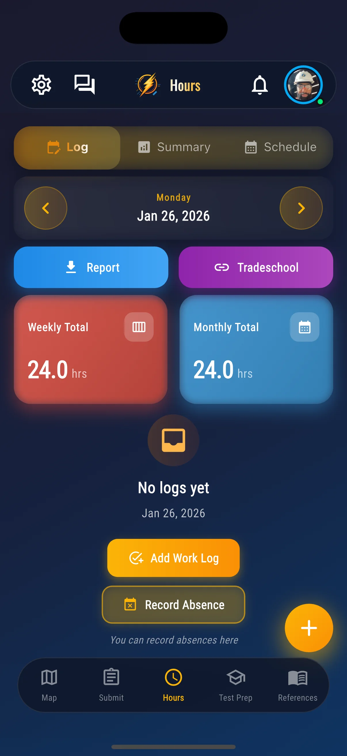 SparkShift hours log screen showing tracked work entries and verified hour history