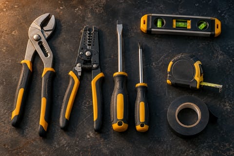 Generated illustration of unbranded electrical hand tools arranged on a workbench.