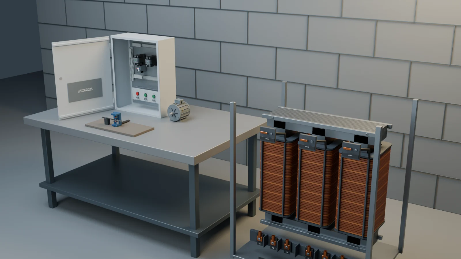 Rendered preview of equipment from SparkShift’s electrical training workshop